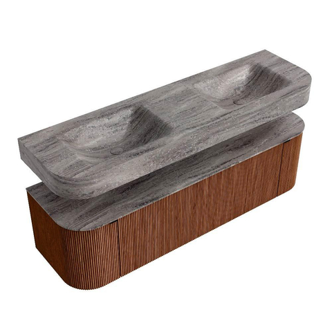 MONDIAZ THOR-DLUX 160cm meuble de salle de bains arrondi gauche + droite couleur Ruby avec 1 tiroir et 2 portes. Vasque suspendue CLOUD Double sans trou de robinet couleur Oza. SW1465301