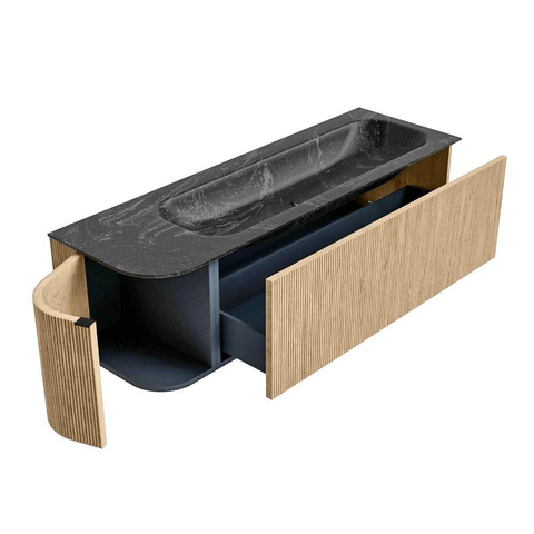 MONDIAZ KURVE-DLUX Meuble de salle de bains 145cm avec module 25 L couleur Chêne avec 1 tiroir et 1 porte. Lavabo BIG LARGE à droite 2 trous de robinet couleur Lava. SW1137194