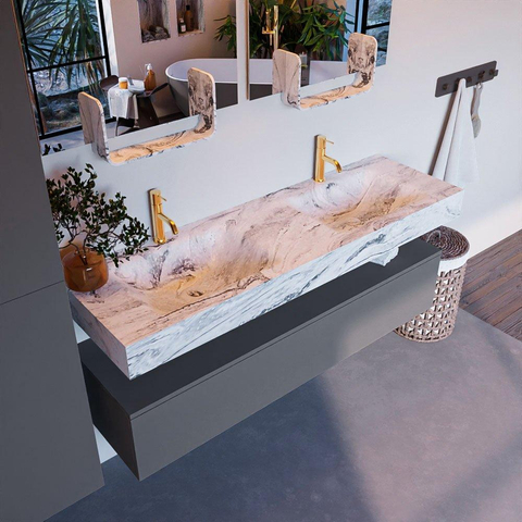 Mondiaz ALAN-DLUX Ensemble de meuble - 150cm - meuble Plata mat - 1 tiroir - Lavabo Cloud Glace suspendu - vasque Gauche et droite - 2 trous de robinet SW806257