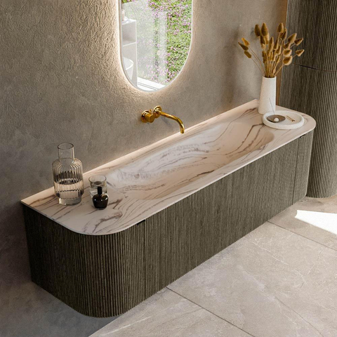 MONDIAZ KURVE-DLUX Meuble de salle de bains 160cm courbure Gauche + Droite couleur Shadow avec 1 tiroir et 2 portes. Lavabo BIG MEDIUM Centre sans trou de robinet Nata. SW1432295