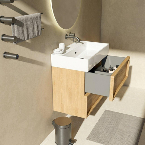 Saniclass Holz Frame Badkamermeubelset - 80x45x72cm - Legend keramische wastafel wit - 1 wasbak - zonder kraangat - 2 lades - mat eiken natural (hout) SW1579973