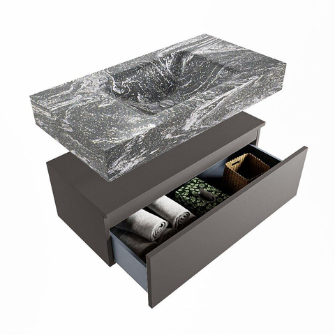 Mondiaz ALAN-DLUX Ensemble de meuble - 90cm - meuble Dark grey mat - 1 tiroir - Lavabo Cloud Lava suspendu - vasque Centre - 1 trou de robinet SW808068