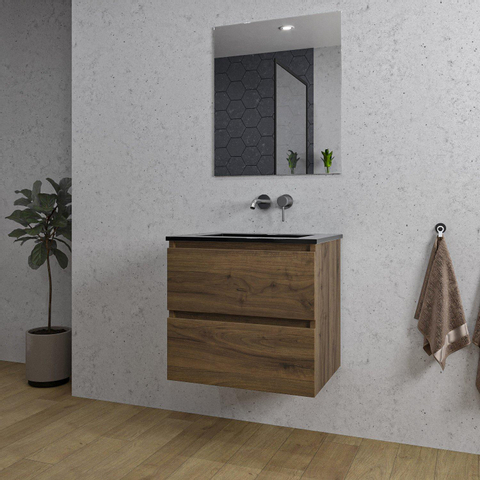 Saniclass Chaci Meuble de salle de bain - 60x46x55cm - lavabo en céramique noir - 1 vasque - sans trou de robinet - 2 tiroirs - miroir rectangulaire - noyer (hout) SW816541