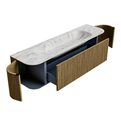 Mondiaz KURVE-DLUX Badkamermeubelset - 170x46x40cm - 1 lade - 2 deuren - wastafel solid surface - midden - 2 kraangaten - Dusk SW1416116