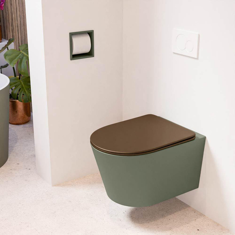 Mondiaz LAVIE hangtoilet – spoelrandloos – 36 x 53 cm – met softclose zitting – Army (groen), zitting Rust (bruin) SW1208696