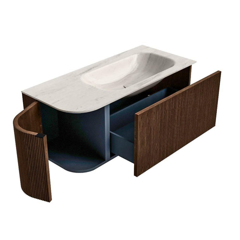 MONDIAZ KURVE-DLUX Meuble de salle de bains 105cm arrondi à gauche couleur Walnut avec 1 tiroir et 1 porte. Lavabo BIG SMALL à droite sans trou de robinet Meli. SW1431664