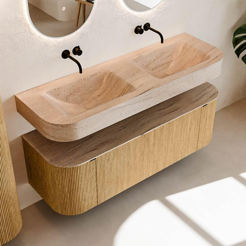 MONDIAZ THOR-DLUX 140cm meuble de salle de bains arrondi gauche + droite couleur Oak avec 1 tiroir et 2 portes. Vasque suspendue CLOUD Double sans trou de robinet couleur Saba. SW1464299