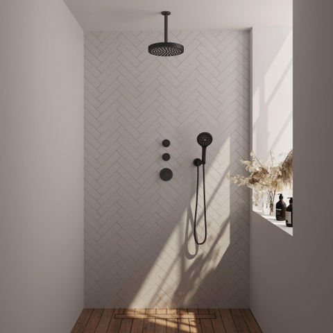 BRAUER Stripe Douche de tête thermostatique encastrée - SET 03 - pomme de douche 25cm - bras plafond - douchette sur barre - flexible de douche - coude mural - noir mat SW1435131