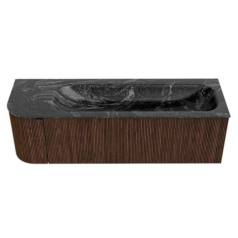 MONDIAZ KURVE-DLUX meuble de salle de bains 145cm avec module 25 L couleur Walnut avec 1 tiroir et 1 porte. Lavabo BIG LARGE à droite sans trou de robinetterie couleur Lava. SW1137294