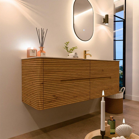 Mondiaz CIRO-DLUX Badkamermeubelset - 140x45x50cm - Solid surface wastafel Meli - 1 wasbak Rechts - 1 kraangat - 4 lades - Oak SW1531409