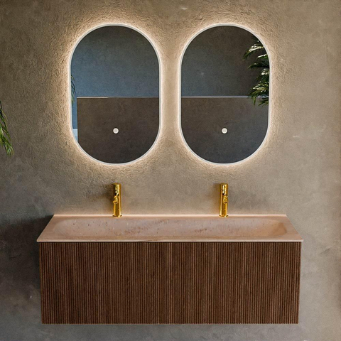 MONDIAZ KURVE-DLUX Meuble de salle de bains 120 cm couleur Walnut avec 1 tiroir et 0 porte. Lavabo BIG LARGE Central 2 trous de robinet Saba. SW1433198