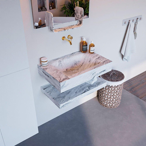 Mondiaz ALAN-DLUX Ensemble de meuble - 70cm - meuble Glace mat - 0 tiroirs - Lavabo Cloud Glace suspendu - vasque Centre - 0 trous de robinet SW809004