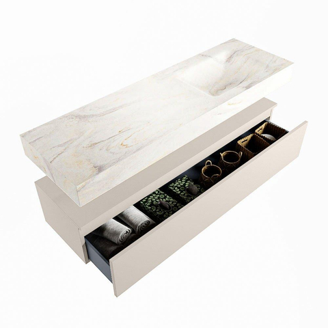 MONDIAZ ALAN - DLUX Badkamermeubelset - 150cm - onderkast - Linen - 1 lade - vrijhangende wastafel - wasbak rechts - 0 kraangaten - Ostra SW807247