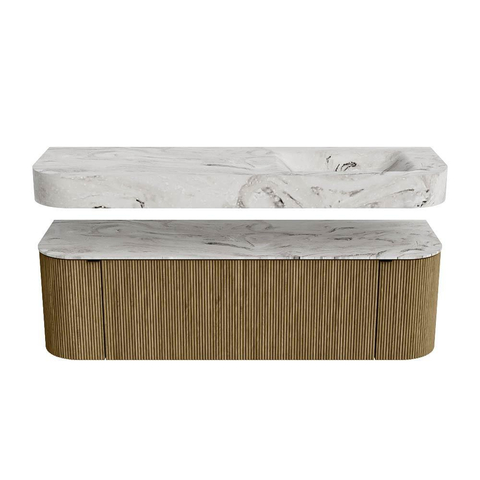 MONDIAZ THOR-DLUX 150cm meuble de salle de bains arrondi gauche + droite couleur Dusk avec 1 tiroir et 2 portes. Vasque suspendue CLOUD Droite 1 trou de robinet couleur Glace. SW1464537