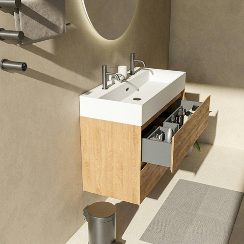 Saniclass Holz Pure Badkamermeubelset - 100x45x72cm - Legend keramische wastafel mat wit - 1 wasbak - 2 kraangaten - 2 lades - mat eiken natural (hout) SW1580160