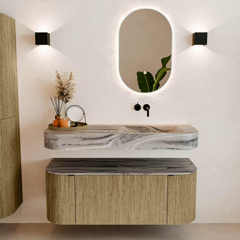 MONDIAZ THOR-DLUX 120cm meuble de salle de bains arrondi gauche + droite couleur Dusk avec 1 tiroir et 2 portes. Vasque suspendue CLOUD Droite sans trou de robinet couleur Sombra. SW1463704