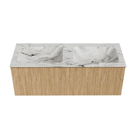 MONDIAZ KURVE-DLUX meuble de salle de bains 120 cm couleur Oak avec 1 tiroir. Lavabo LEAF double sans trou de robinet couleur Glace. SW1137952