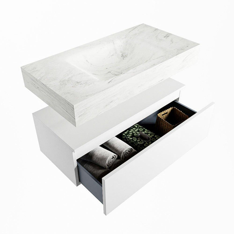 MONDIAZ ALAN - DLUX Ensemble de meubles de salle de bains - 90cm - meuble bas - Talc - 1 tiroir - lavabo suspendu - cuve au milieu - 1 trou de robinet - Opalo SW806101
