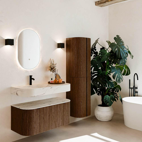 MONDIAZ THOR-DLUX 100cm meuble de salle de bains arrondi gauche + droite couleur Walnut avec 1 tiroir et 2 portes. Vasque suspendue CLOUD gauche 1 trou de robinet couleur Nata. SW1467506