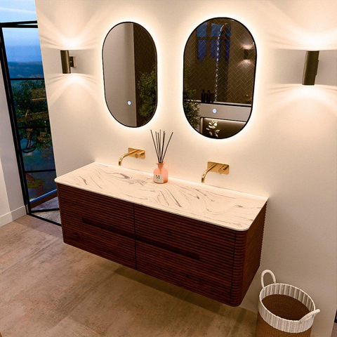 Mondiaz CIRO-DLUX Badkamermeubelset - 140x45x50cm - Solid surface wastafel Nata - 2 wasbak Dubbel - zonder kraangaten - 4 lades - Ruby SW1532075
