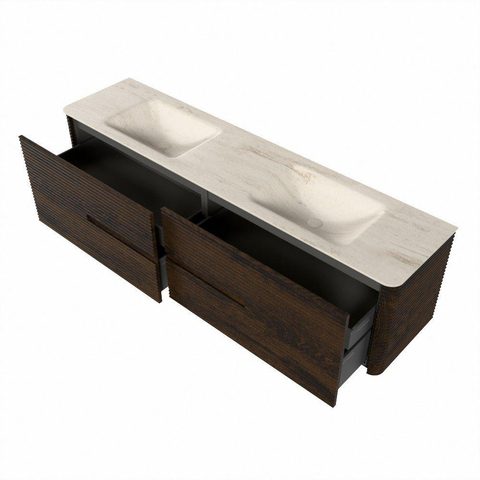 Mondiaz CIRO-DLUX Badkamermeubelset - 190x45x50cm - Solid surface wastafel Meli - 2 wasbak Dubbel - zonder kraangaten - 4 lades - Walnut SW1530573
