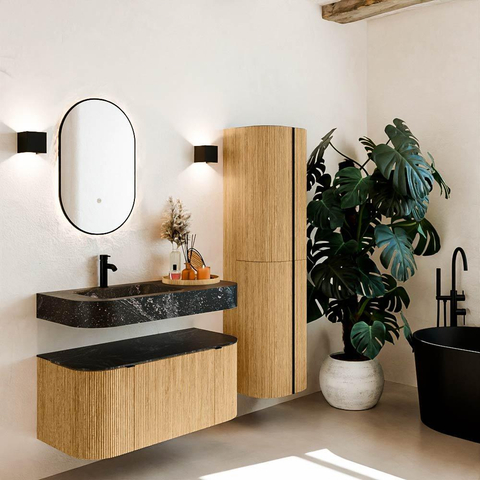 MONDIAZ THOR-DLUX 100cm meuble de salle de bains arrondi gauche + droite couleur Oak avec 1 tiroir et 2 portes. Vasque suspendue CLOUD Gauche 1 trou de robinet couleur Lava. SW1467311