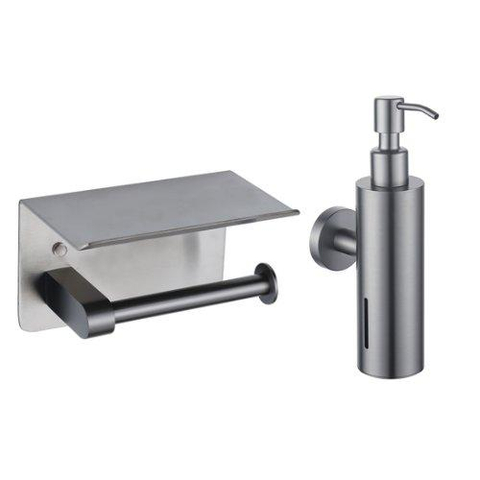 Fortifura Calvi toilet accessoireset - zeepdispenser - toiletrolhouder - met plateau - geborsteld gunmetal (antraciet) SW1442002