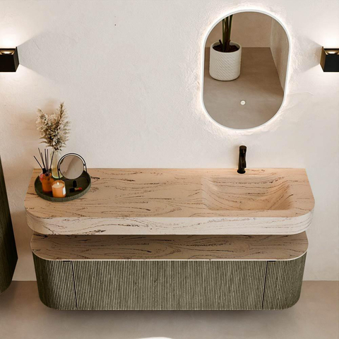MONDIAZ THOR-DLUX 160cm meuble de salle de bains arrondi gauche + droite couleur Shadow avec 1 tiroir et 2 portes. Vasque suspendue CLOUD Droite 1 trou de robinet couleur Arena. SW1465148