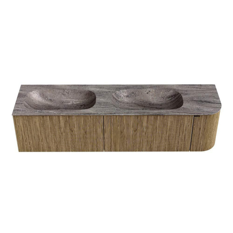 MONDIAZ KURVE-DLUX 175cm meuble de salle de bains arrondi Droite couleur Dusk avec 2 tiroirs et 1 porte. Lavabo STOR SMALL Double / Gauche sans trou de robinet Oza. SW1432741