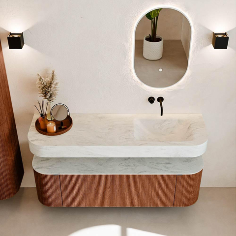 MONDIAZ THOR-DLUX 150cm badmeubel ronding links + rechts kleur Ruby met 1 lade en 2 deuren. Vrijhangende wastafel CLOUD Rechts zonder kraangat kleur Opalo. SW1464580