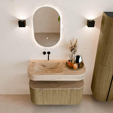 MONDIAZ THOR-DLUX 100cm meuble de salle de bains arrondi gauche + droite couleur Dusk avec 1 tiroir et 2 portes. Vasque suspendue CLOUD Gauche sans trou de robinet couleur Arena. SW1467454