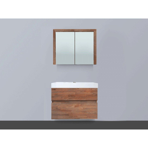 Saniclass Natural Wood Meuble avec armoire miroir 80cm suspendu Grey Oak avec vasque Blanc 1 trou pour robinetterie SW8073