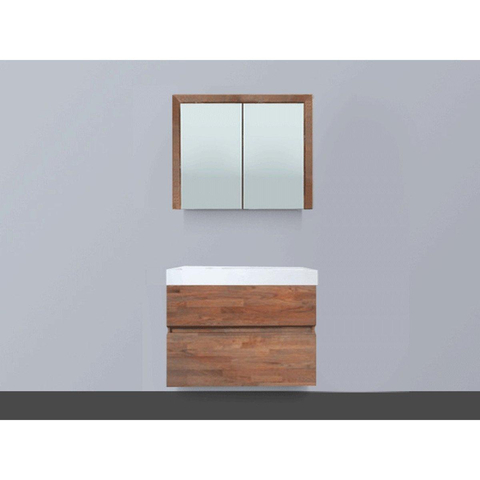 Saniclass Natural Wood badkamermeubelset 80cm hangend model grey oak met wastafel wit 0 kraangaten inclusief spiegelkast SW8074
