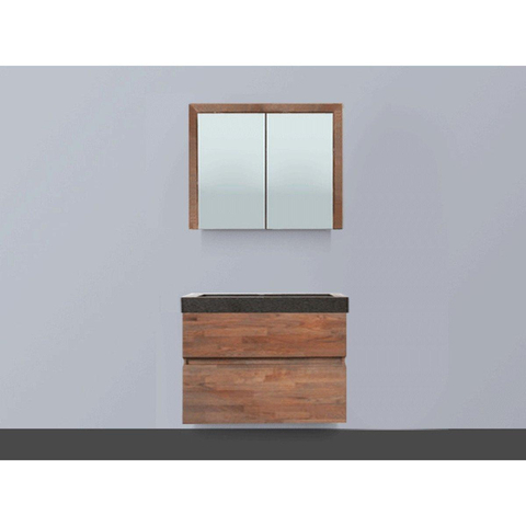 Saniclass Natural Wood Meuble avec armoire miroir 80cm modèle suspendu Grey Oak avec vasque en pierre naturelle Black Spirit sans trou pour robinetterie SW8951