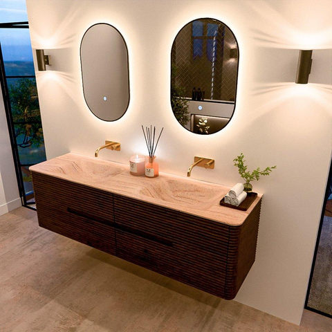 Mondiaz CIRO-DLUX Badkamermeubelset - 170x45x50cm - Solid surface wastafel Saba - 2 wasbak Dubbel - zonder kraangaten - 4 lades - Walnut SW1530726