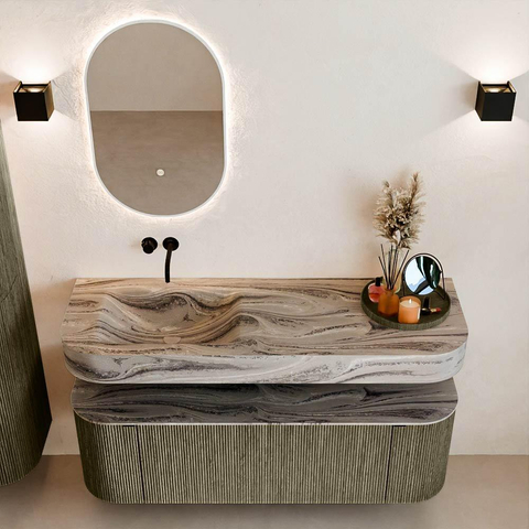MONDIAZ THOR-DLUX 140cm meuble de salle de bains arrondi gauche + droite couleur Shadow avec 1 tiroir et 2 portes. Vasque suspendue CLOUD Gauche sans trou de robinet couleur Sombra. SW1464282