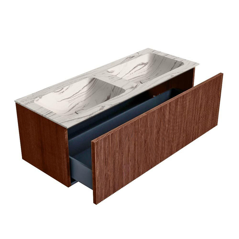 MONDIAZ KURVE-DLUX Meuble de salle de bains 120 cm couleur Ruby avec 1 tiroir et 0 porte. Lavabo LEAF Double 2 trous de robinet Nata. SW1432569