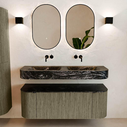 MONDIAZ THOR-DLUX 130cm meuble de salle de bains arrondi gauche + droite couleur Shadow avec 1 tiroir et 2 portes. Vasque suspendue CLOUD Double sans trou de robinet couleur Lava. SW1463772