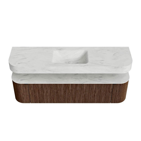 MONDIAZ THOR-DLUX 170cm meuble de salle de bains arrondi gauche + droite couleur Walnut avec 1 tiroir et 2 portes. Vasque suspendue CLOUD Milieu 1 trou de robinet couleur Opalo. SW1465593