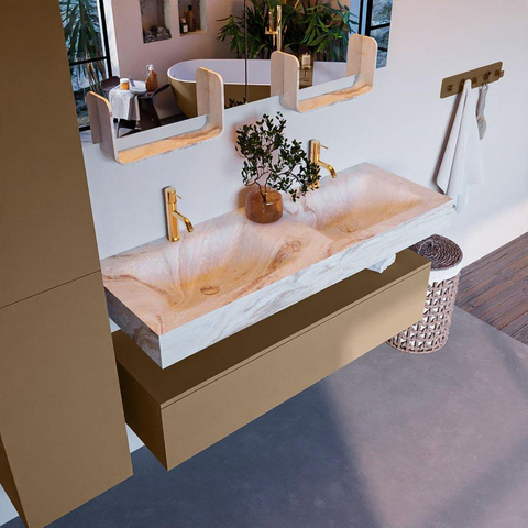 Mondiaz ALAN-DLUX Ensemble de meuble - 130cm - meuble Oro mat - 1 tiroir - Lavabo Cloud Frappe suspendu - vasque Gauche et droite - 2 trous de robinet SW805714