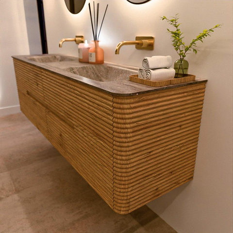 Mondiaz CIRO-DLUX Ensemble de meubles de salle de bains - 170x45x50cm - vasque en solid surface Oza - 2 cuves double - sans trous de robinet - 4 tiroirs - Chêne SW1531154
