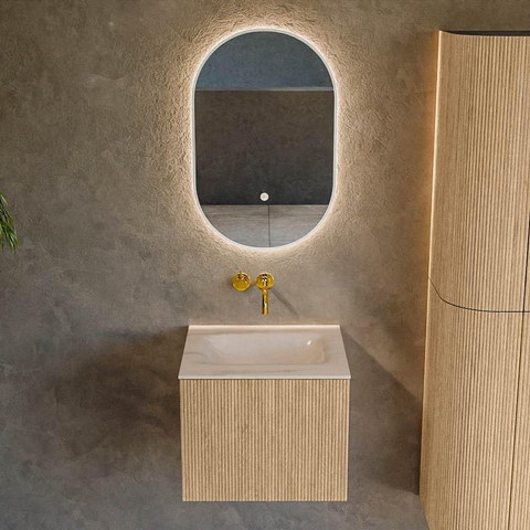 MONDIAZ KURVE-DLUX Meuble de salle de bains 50 cm couleur Oak avec 1 tiroir et 0 porte. Lavabo GRUNNE Central sans trou de robinet Meli. SW1431568