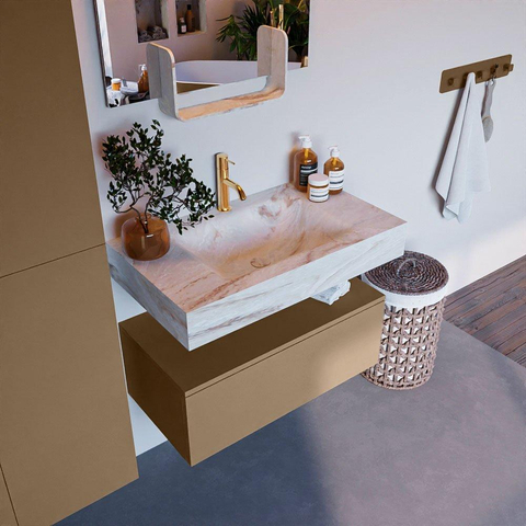 Mondiaz ALAN-DLUX Ensemble de meuble - 80cm - meuble Oro mat - 1 tiroir - Lavabo Cloud Frappe suspendu - vasque Centre - 1 trou de robinet SW804952