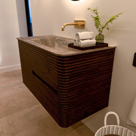 Mondiaz CIRO-DLUX Badkamermeubelset - 90x45x50cm - Solid surface wastafel Oza - 1 wasbak Midden - zonder kraangaten - 2 lades - Walnut SW1530595