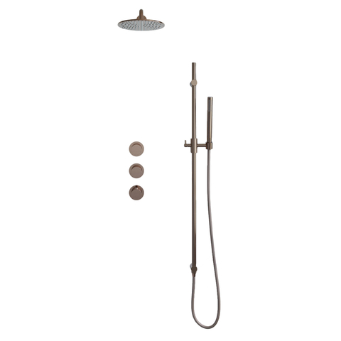 Fortifura Nebbio Ensemble de douche pluie - robinet encastré - corps encastré - barre coulissante - flexible de douche métal - douchette à main barre - bras mural 35cm - tête de douche ronde - cuivre brossé PVD (cuivre) SW1237978