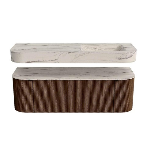 MONDIAZ THOR-DLUX 140cm meuble de salle de bains arrondi gauche + droite couleur Walnut avec 1 tiroir et 2 portes. Vasque suspendue CLOUD Droite 1 trou de robinet couleur Nata. SW1464486