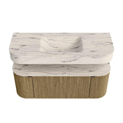 MONDIAZ THOR-DLUX Meuble de salle de bains 120cm arrondi gauche + droite couleur Dusk avec 1 tiroir et 2 portes. Vasque suspendue CLOUD Milieu 1 trou de robinet couleur Nata. SW1463403