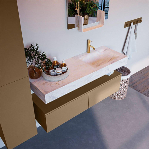Mondiaz ALAN-DLUX Ensemble de meuble - 130cm - meuble - Oro mat - 2 tiroirs - Lavabo Cloud Ostra suspendu - vasque droite - 1 trou de robinet - Beige SW807775