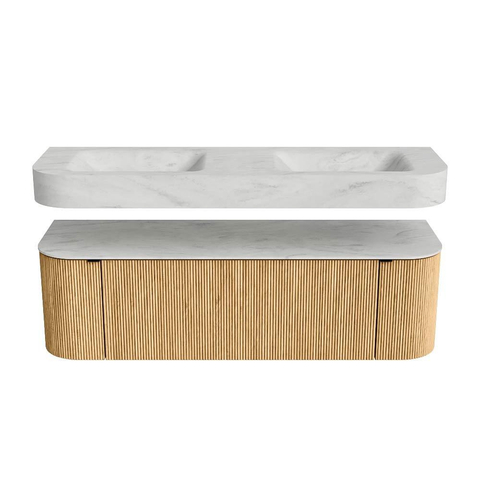 MONDIAZ THOR-DLUX 150cm badmeubel ronding links + rechts kleur Oak met 1 lade en 2 deuren. Vrijhangende wastafel CLOUD Dubbel 2 kraangaten kleur Opalo. SW1464636