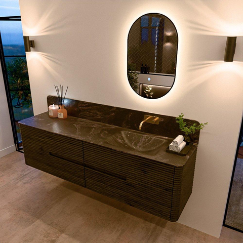 Mondiaz CIRO-DLUX Ensemble de meuble de salle de bains - 180x45x50cm - Plan vasque en solid surface Lava - 1 vasque à droite - sans trous de robinet - 4 tiroirs - Shadow SW1532520